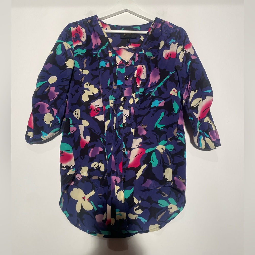 Yumi Kim Silk Floral Pleated Button Down Blouse XS‎